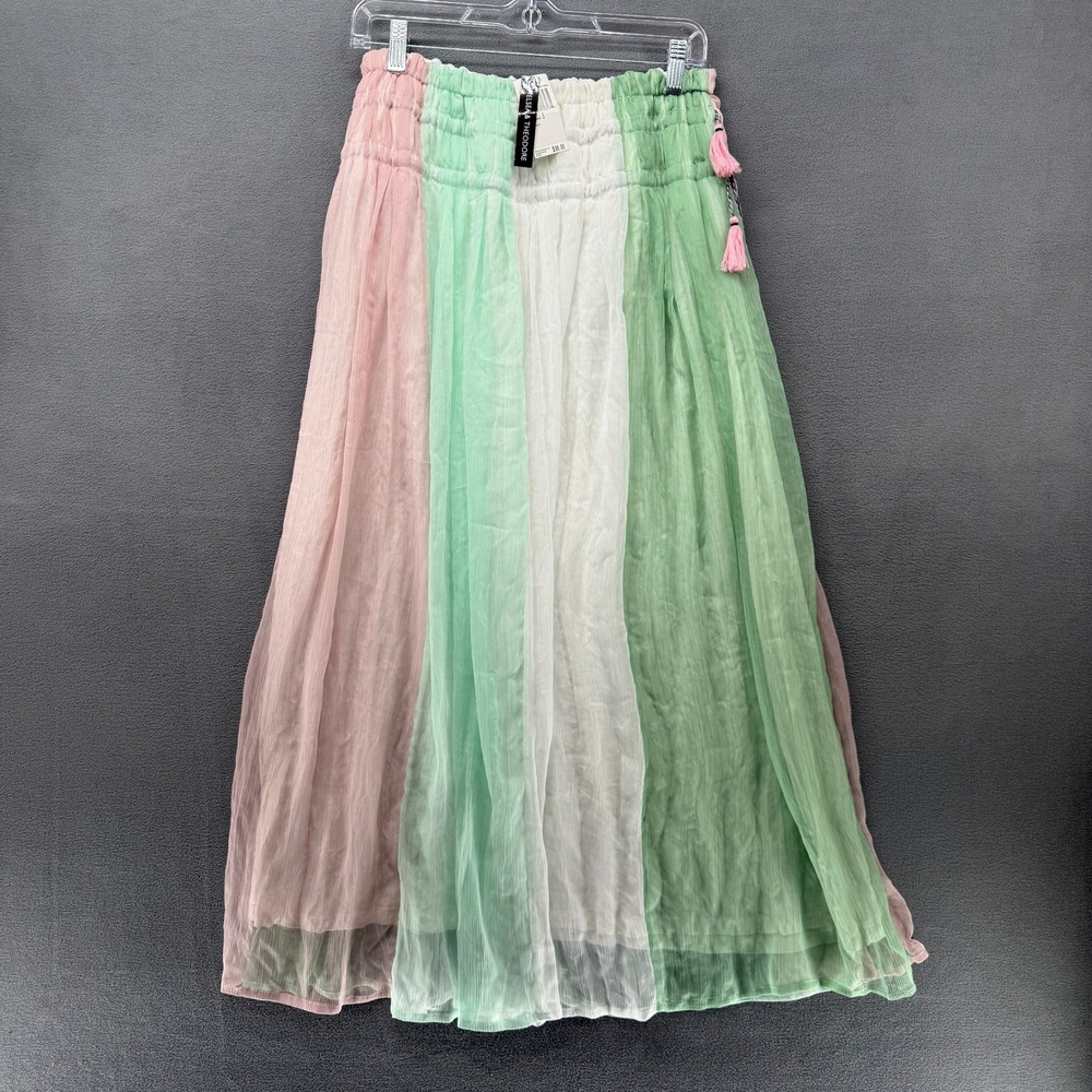 Chelsea & Theodore Maxi Skirt Women Pink Green White Colorblock Tassel Small NEW